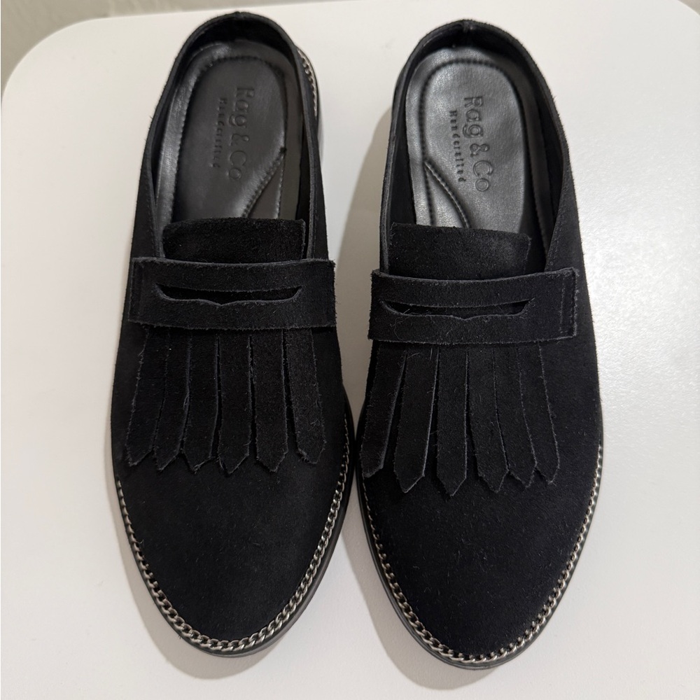 Rag & Co Black Fringed Loafer Mules